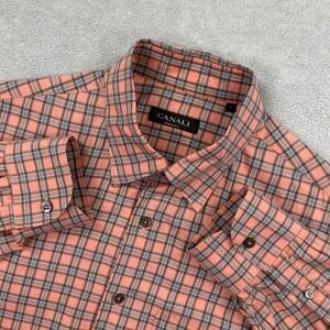 Canali Button Down Shirt Men Large Salmon Pink Plaid Cotton Made in Italy Casual